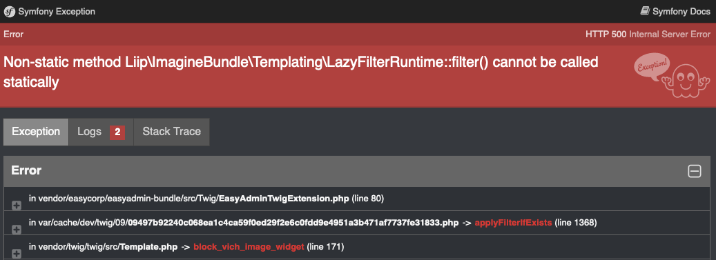 Non-static method Liip\ImagineBundle\Templating\LazyFilterRuntime::filter() cannot be called statically